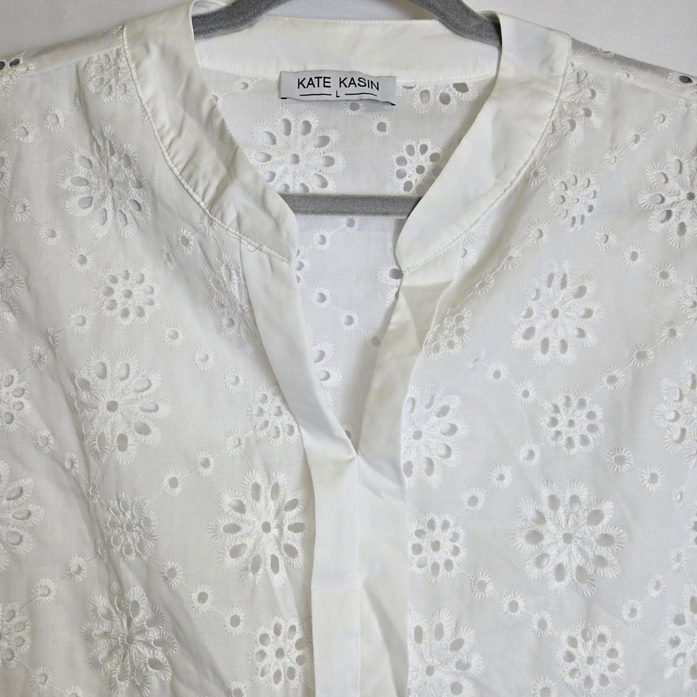 Kate Krasin Short Sleeve V-neck Eyelet Blouse, Cottage Spring Summer White Large - Picture 6 of 12